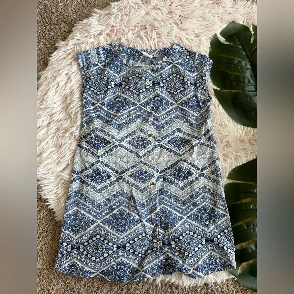 Gaps Kids Blue Off White Floral Paisley Chevron 100% Cotton Button Up Dress XS 4